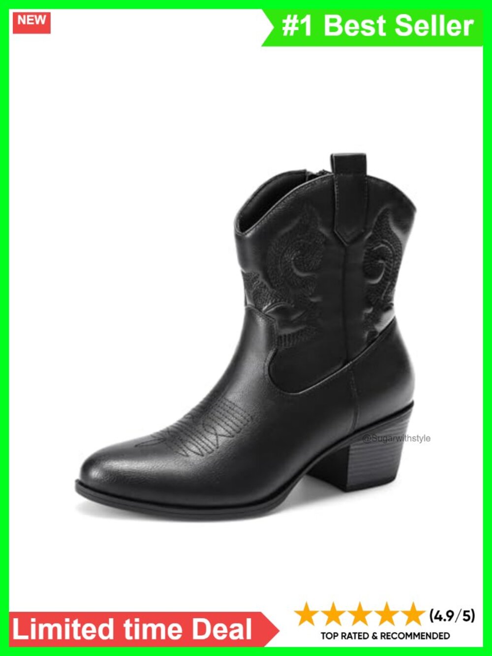Western Cowboy Ankle Boots Faux Leather Embroidered Chunky Heel Booties